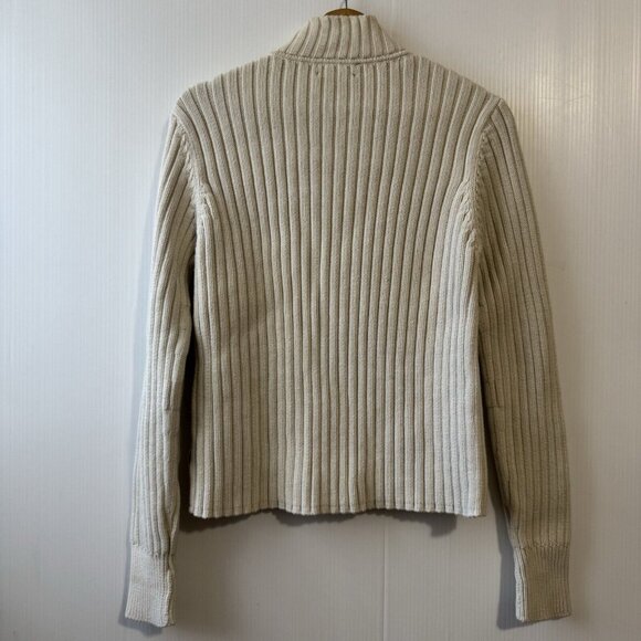 Vintage 90s Ralph Lauren Sweater Womens Sz L Full Zip Off White Mock Neck Ribbed - Picture 2 of 15